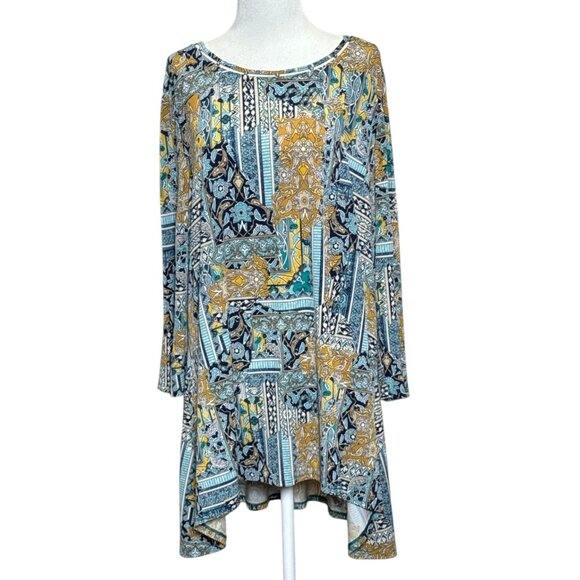 CHICOS Boho Patchwork Tunic Top With Long Sleeves Asymmetrical Hemline Size XL - Picture 1 of 4